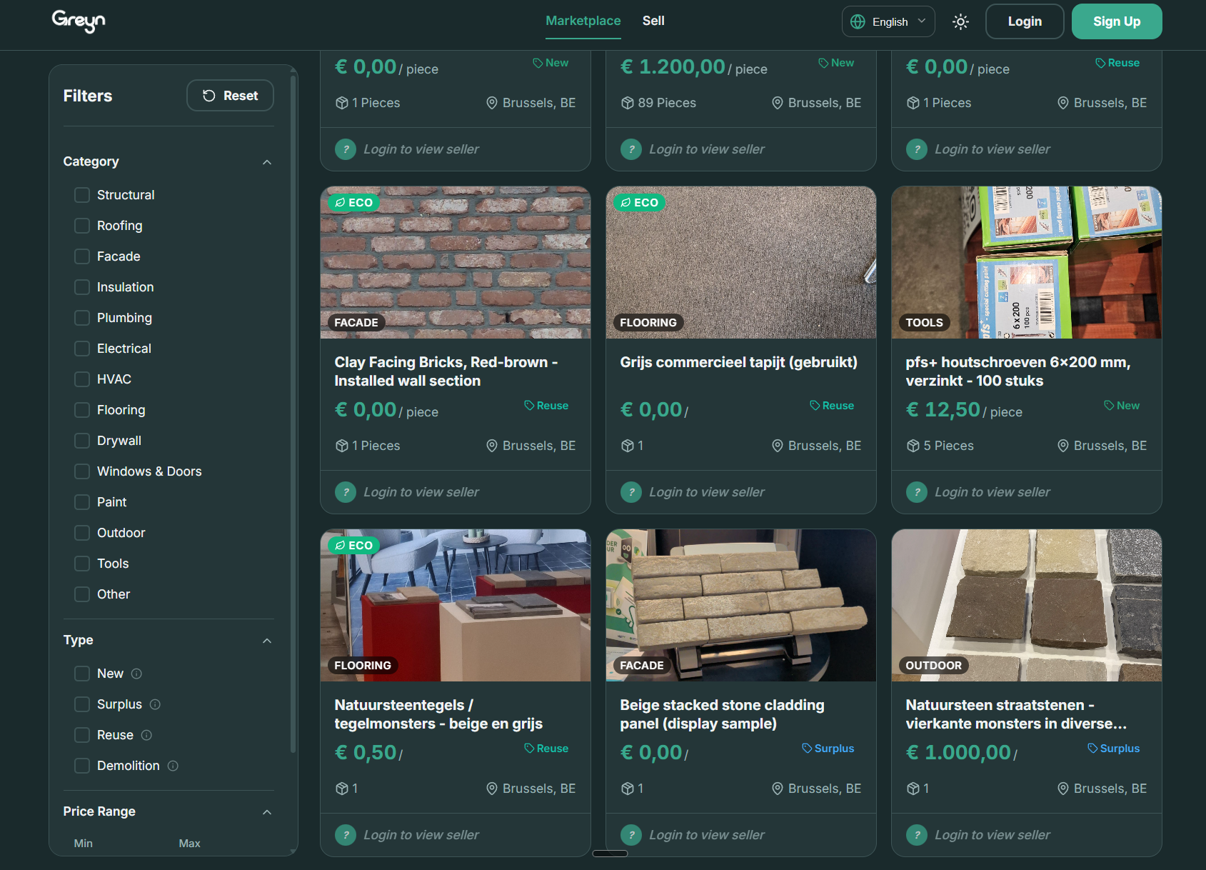 De Greyn-marktplaats met surplus-bouwmaterialen, filters en prijzen