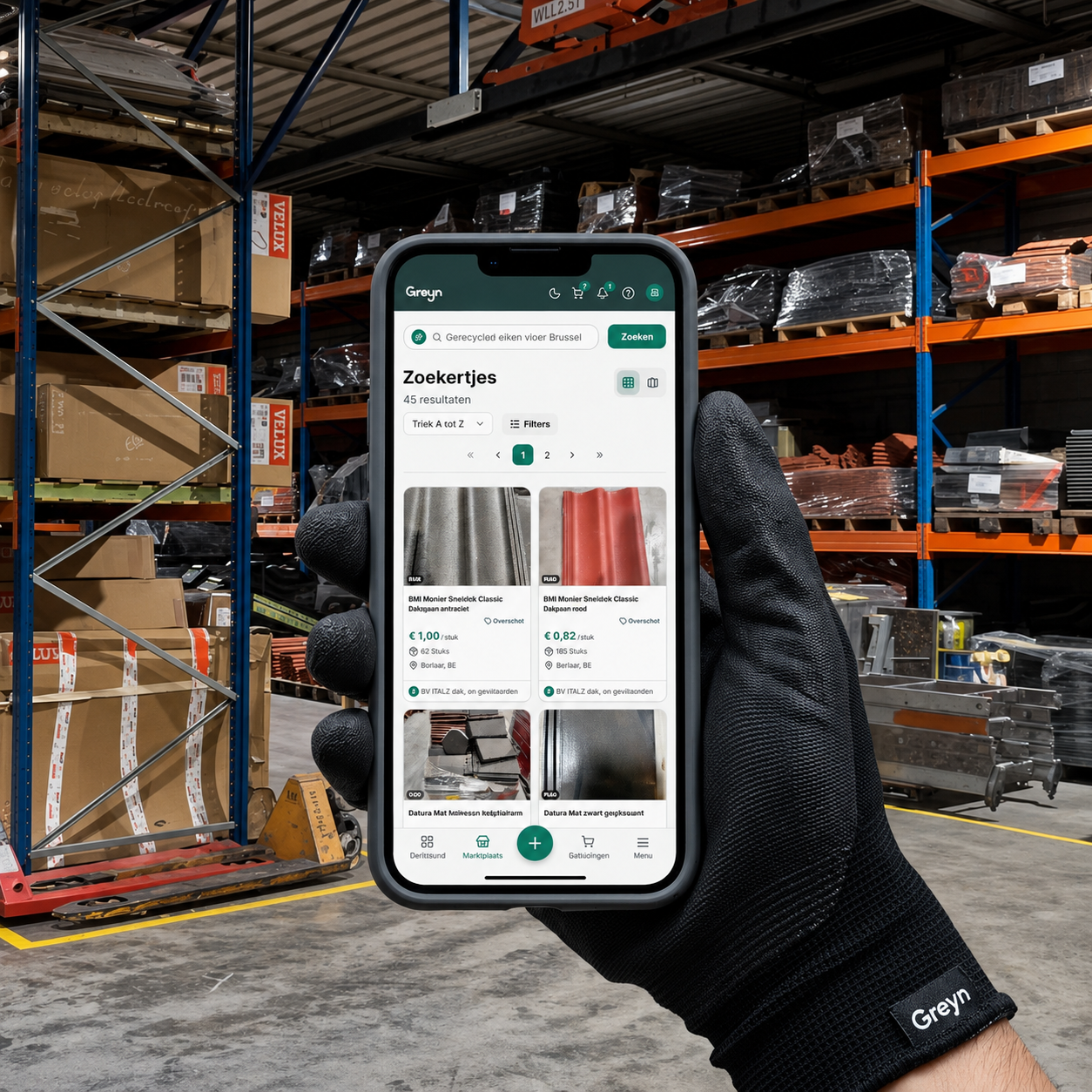 De Greyn-marktplaats getoond op een mobiele telefoon