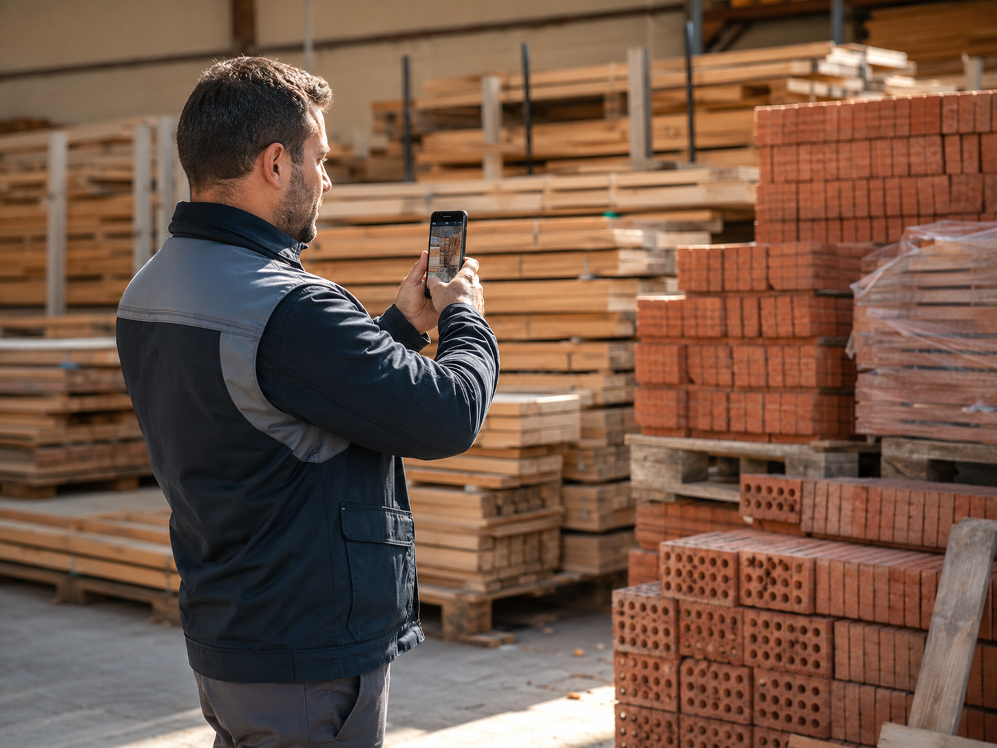 Een bouwprofessional fotografeert restmateriaal om het op Greyn te plaatsen